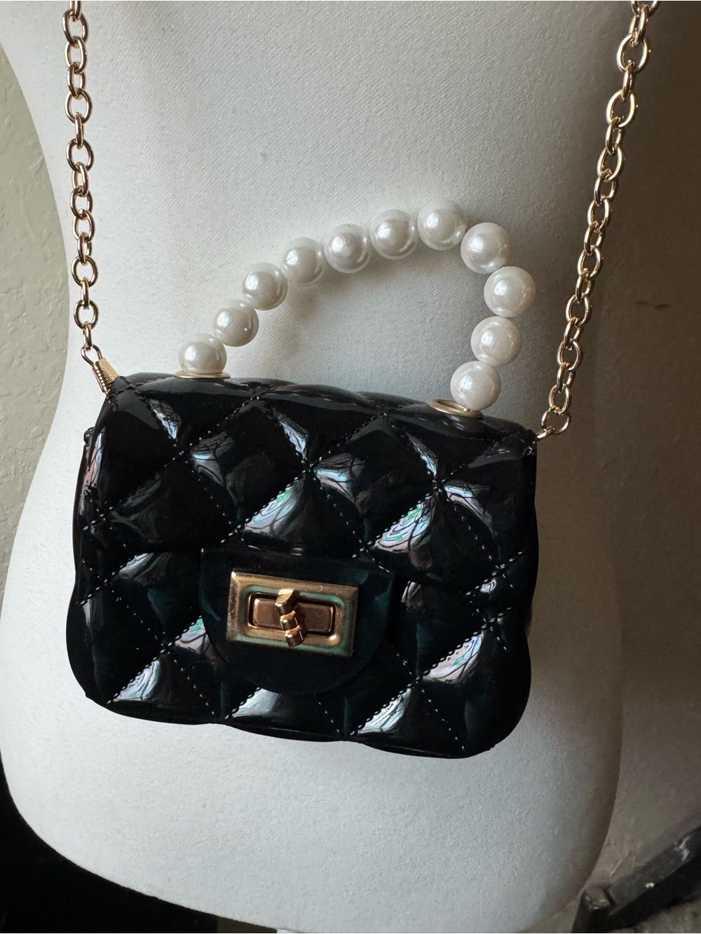 Black Quilted Patent Mini Crossbody with Pearl Top Handle